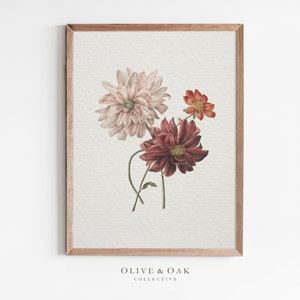 Framed vintage botanical flower wall art print with watercolor blooms and stems
