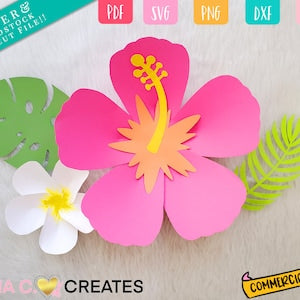 Paper flower SVG template bundle featuring pink hibiscus paper flowers with green leaves