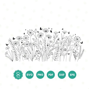 Botanical wildflower SVG set with line-art meadow flowers and small butterflies
