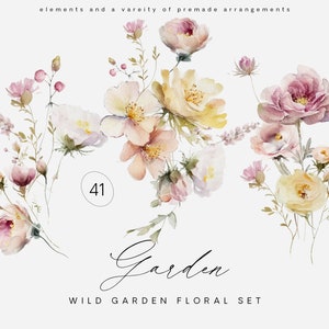 Wildflower watercolor floral clipart set with pink and peach blooms and leafy stems