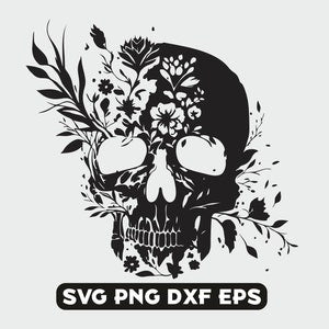 Floral skull silhouette SVG with black skull and surrounding flowers and leaves