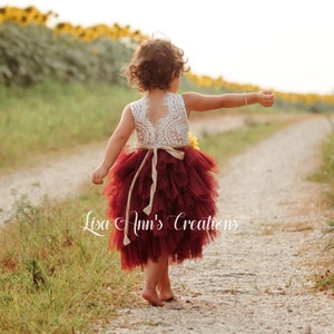 Burgundy tiered tulle flower girl dress with lace back, sleeveless