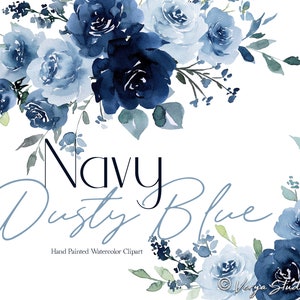 Watercolor floral bouquet clipart with navy and dusty blue roses and green leaves
