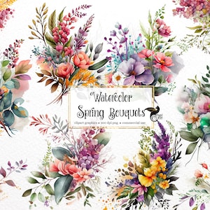 Watercolor spring bouquets floral corner clipart with mixed blossoms and green leaves