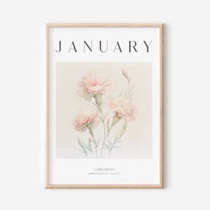 January vintage carnation flower print with three pink blooms and small label text