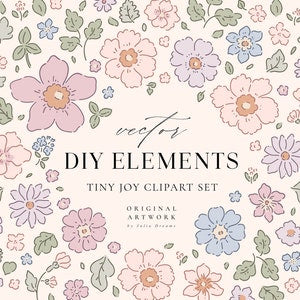Pastel floral clipart set with small flowers and leaves, cute kawaii style