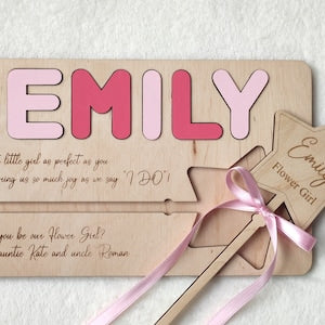 Personalized wooden flower girl proposal wand puzzle with ribbon and name “EMILY”