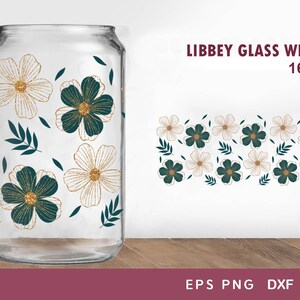 16oz clear glass cup wrap with teal, white and yellow daisy and floral pattern