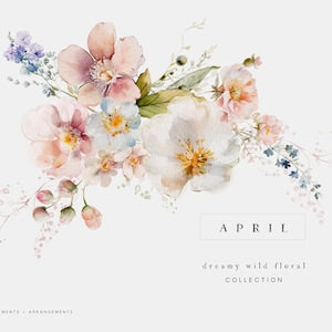 Watercolor wildflower bouquet clipart with pastel blossoms and small blue accents