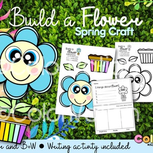 Spring flower printable craft sheet with cute character and coloring pages, Easter theme