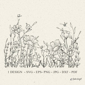 Botanical wildflower meadow line art bundle with flowers and grasses for SVG/DXF