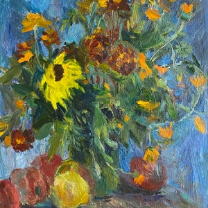 Original oil painting of a colorful bouquet with yellow and orange flowers
