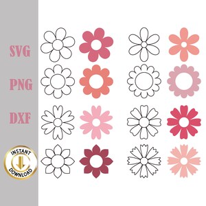 Set of simple flower icon svgs with outline and solid designs in pink and coral