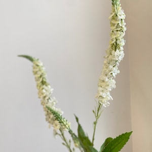 Cream-white faux flower stem with small clustered blooms and green leaves