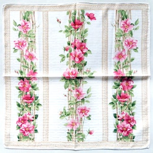 Nina Ricci vintage floral vine scarf, pink and green flowers on light background, fringed edges