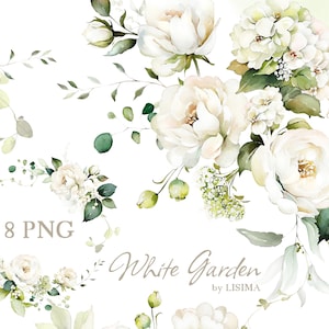 Watercolor rose bouquet clipart with cream-white flowers and green leaves, wedding set