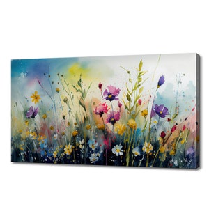 Colorful watercolor wildflower meadow canvas wall art, rectangular floral print