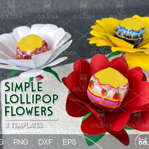 3D paper flower bundle with red, yellow, and white lollipop-style blooms and heart centers