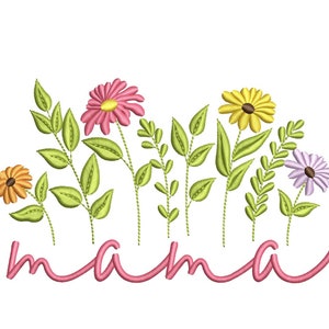 Mama flower embroidery design with pink cursive lettering and yellow, pink blossoms