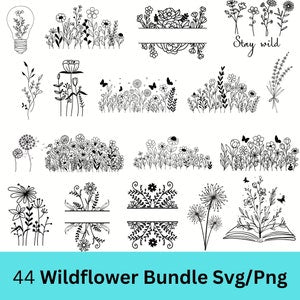 Wildflower bundle of black line-drawn flowers and meadow borders, 44 SVG/PNG set