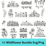 Wildflower Bundle Svg, Flower Meadow Svg, spring svg, Flower Border SVG, Minimalist Flower Bouquet, Wildflower Clipart, Meadow Flower Print