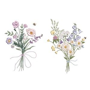 Set of two wildflower bouquet embroidery designs with flowers, leaves, and small bee accents