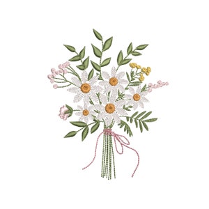 Floral bouquet machine embroidery design with white and pink daisy flowers, greenery, ribbon