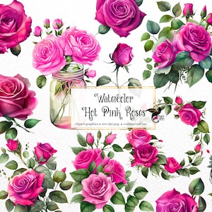 Watercolor hot pink roses and green leaves PNG clipart set with multiple flower bouquets