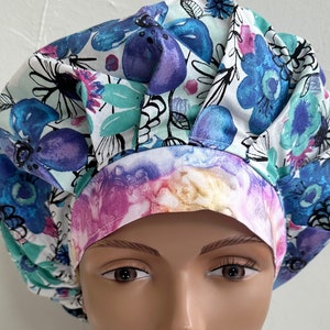 Bouffant scrub hat with colorful floral print and curved front