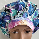 Spring/Summer Colorful Flowers - Bouffant Scrub Hat with Matching Badge Reel Option