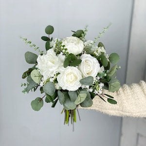 White Bridal Bouquet, Wedding White Rose Bouquet, Boho Flower Bouquet,  Design in Rose, Peony, Ranunculus, Baby's Breath and Eucalyptus
