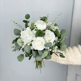 White Bridal Bouquet, Wedding White Rose Bouquet, Boho Flower Bouquet,  Design in Rose, Peony, Ranunculus, Baby's Breath and Eucalyptus