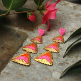Gold, hot pink and orange handmade beaded statement earrings, glamorous and cool party earrings with free UK delivery.
