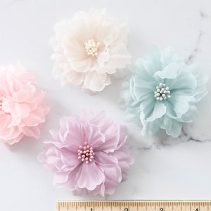 Small artificial organza flower set, pastel white pink lavender and teal with beaded stamen