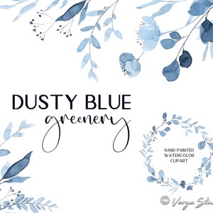 Watercolor botanical leaves and small flowers in dusty blue