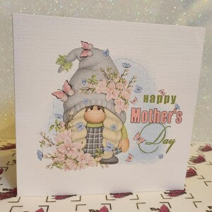Handmade Mother's Day card with watercolor gonk, flowers, butterflies, and 'Happy Mother's Day'
