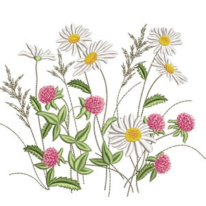 Summer Meadow Flowers Embroidery Design, Daisy and Clover Embroidery File, 4 sizes, Instant Download