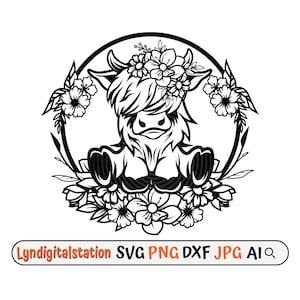 Floral highland cow line art with flower wreath in a circular frame