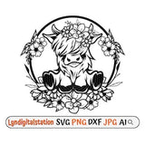 Floral Highland Cow Svg | Highland Cow with Flower Clipart | Floral Farm Animal Cut File | Heifer Stencil | Cow T-shirt Design | Dxf | Png