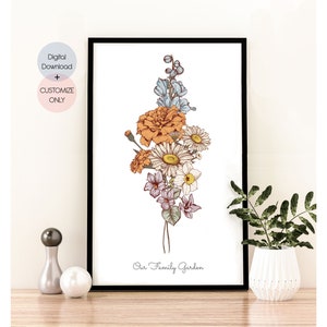 Framed floral garden print with mixed blossoms and leaves in a minimalist style