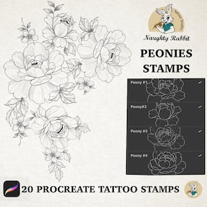 Peony tattoo stamp brush set for Procreate with multiple peony stamp designs