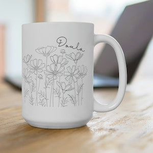 15 oz light gray ceramic mug with botanical line art and 'Doula' script