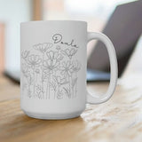 15 oz light gray ceramic mug with botanical line art and 'Doula' script