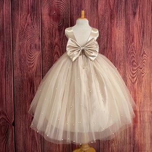 Champagne layered tulle flower girl dress with bow at bodice and V-back