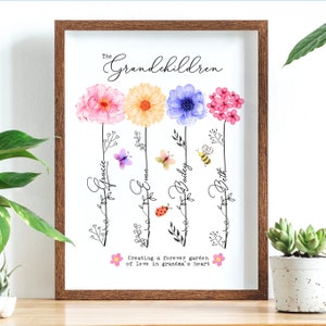Wood-framed floral family tree print with handwritten-style text and colorful blossoms