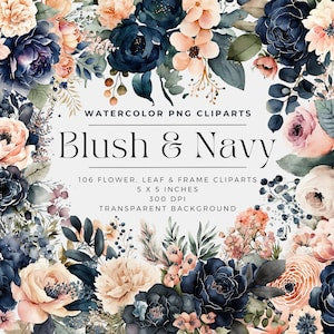 Watercolor floral clipart frame with blush and navy flowers, leaves, and bouquets