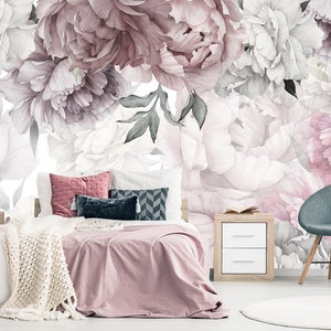 Peony floral wallpaper roll with pink and lavender blossoms, green leaves pattern