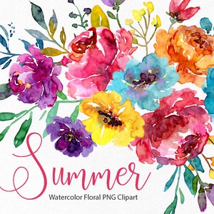 Watercolor floral clipart with colorful blossoms, leaves, and "Summer" script