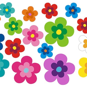 Colorful flower stickers, assorted sizes and shapes on a sheet