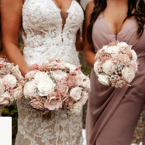 Dusty rose wood flower wedding bouquet with sola blooms in white and blush